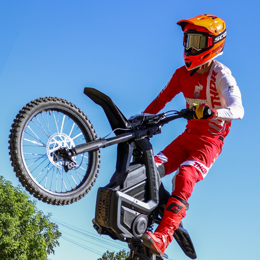 A man jumps with Mantis dirtbike