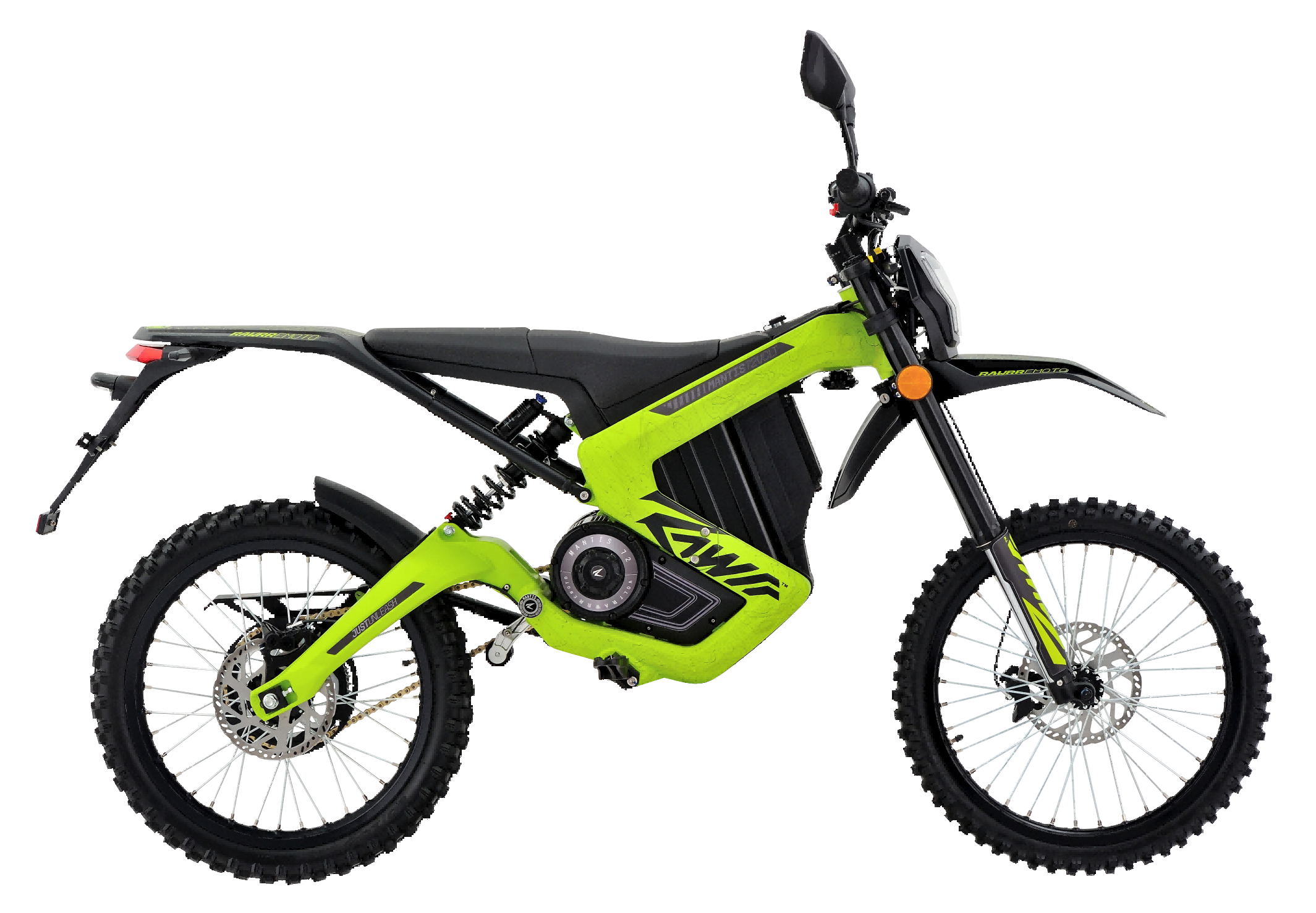 Green rawrr mantis dirt bike, side view, Mantis S model