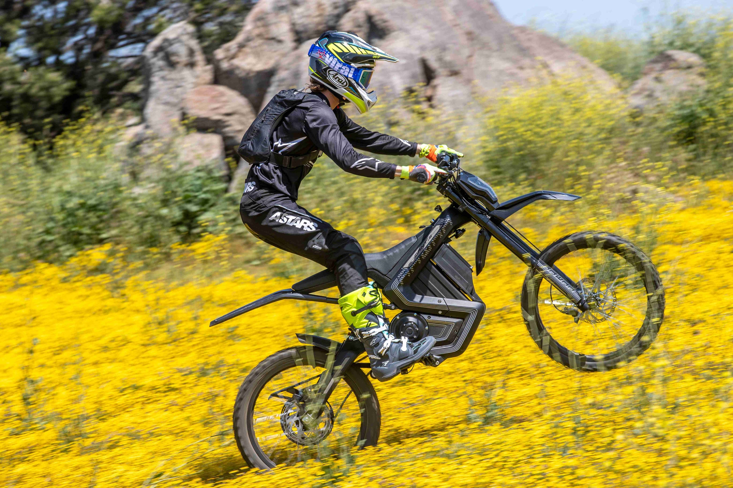 A rider is riding a rawrr mantis model on a yellow flower ground.